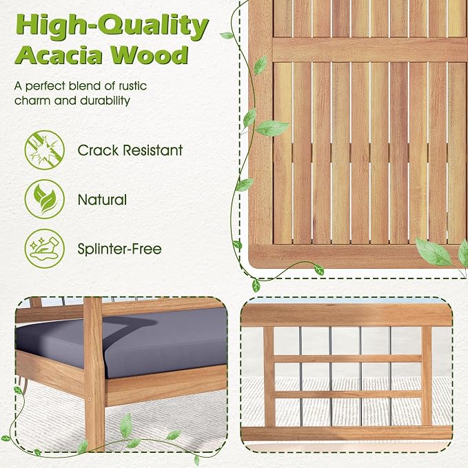 Tangkula 4 Piece Wood Patio Furniture Set, Outdoor Conversation Set w/Soft Seat Cushions, Solid Acacia Wood Frame, 2 Armchairs, Loveseat & Coffee Table Set for Backyard, Porch, Poolside