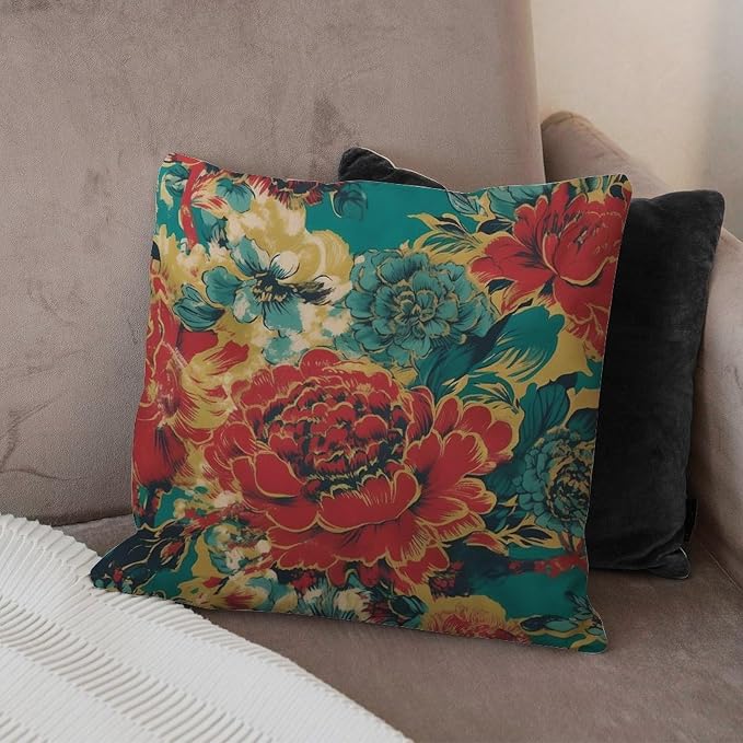 Pillow Cover Animal Tiger Stripe Colorful Chinoiserie Pillowcase Modern Peony Floral Asian Pillow Cover Accent Outdoor Garden Decoration for Patio Couch Tent Sofa 18x18 in