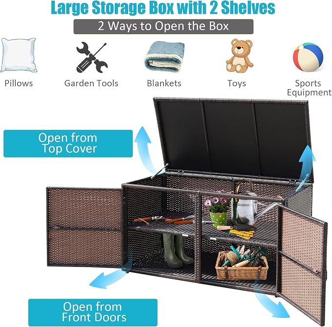 DORTALA 88 Gallon Deck Box Organizer, Wicker Large Indoor Outdoor Storage Container Cabinet for Patio Furniture Cushions Garden Tools, Brown
