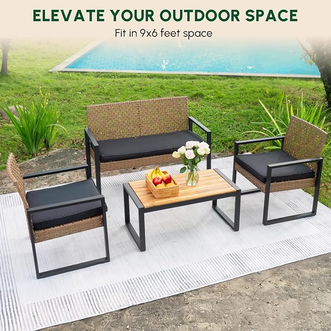 BEEFURNI Wicker Patio Furniture Outdoor Conversation Set of 4, Rattan Outdoor Furniture Set, Acacia Wood Table, 2 Chairs, 1 Loveseat, 2” Cushions, All Weather Set for Patio, Porch, Balcony (Brown)