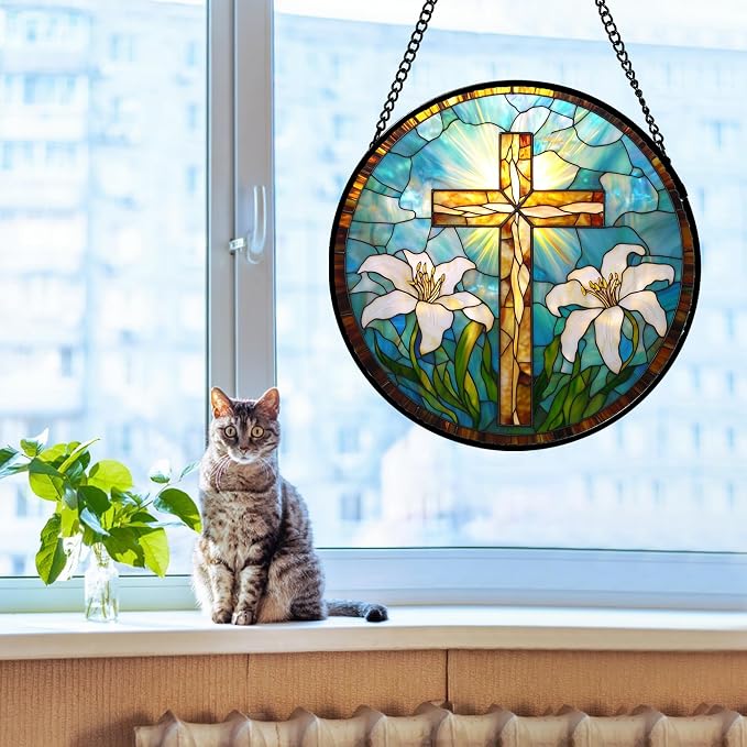 DASTOLL Christian Gifts for Women - Cross Stained Glass Window Hanging Jesus Easter White Lily Flower Sun Catcher Garden Religion Decor Mother's Day Catholic Gift for Men Grandma Mom Her Nana 11.8"