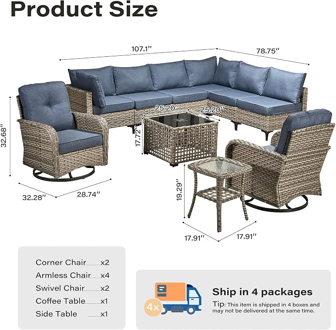 10 Pieces Outdoor Sectional Patio Furniture Set with Swivel Rocking Chairs,Wicker Conversation Sets Rattan L Shaped Couch,Modular Outdoor Sofa for Porch Balcony Backyard Denim Blue
