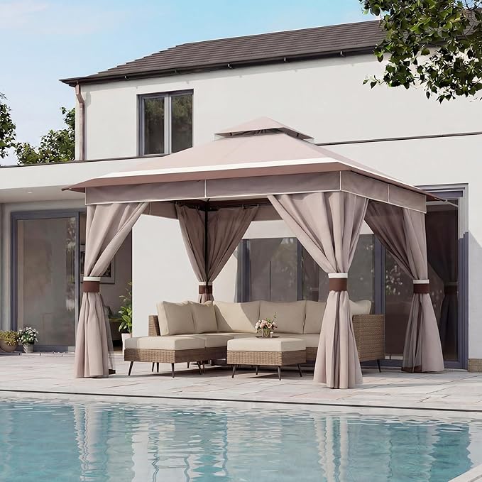 LAUSAINT HOME 10'x10' Outdoor Gazebo, Metal Frame Heavy Duty Patio Canopy Tent Shelter with Double Roofs, Mosquito Nettings and Privacy Screens for Backyard, Garden, Lawn, Classic Khaki