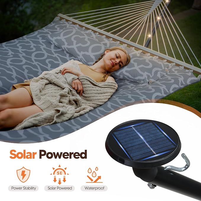 SUNCREAT Hammocks Outdoor 2 Person Hammock with Solar Powered Lights, Double Hammock with 12 ft Stand Included, Light Gray