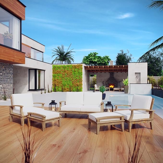 Modway Marina Premium Grade A Teak Wood 5-Piece Outdoor Patio Furniture Set in Natural White