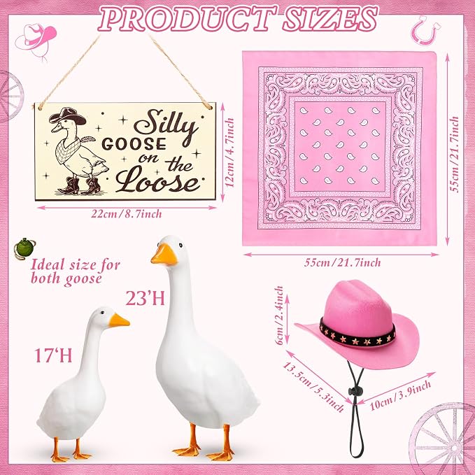 Funny Porch Goose Outfit Decoration Set Silly Goose on The Loose Hangings Sign Cowboy with Outfit Cowboy Hat Bandana for 23" Cement/Plastic Outdoor Statue Patio Yard Lawn Art(Pink)