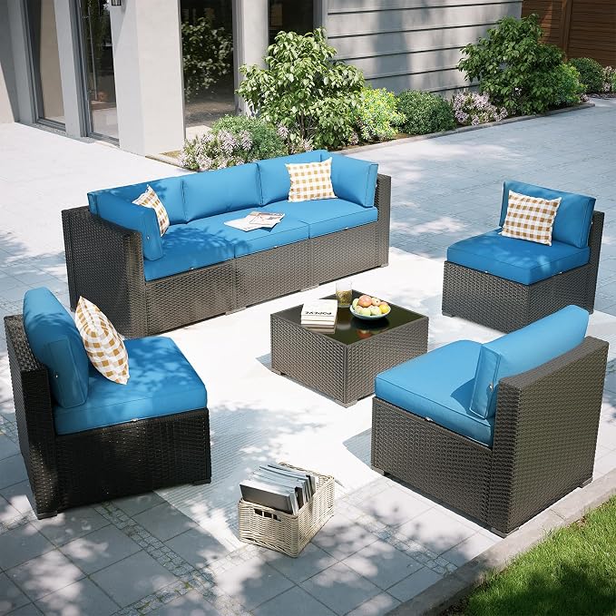 Aoxun Patio Furniture Set, 7 Piece Outdoor Sectional Sofas with Waterprool Cover, Wicker Rattan Outdoor Furniture Patio Conversation Set for Backyard, Garden Peacock Blue
