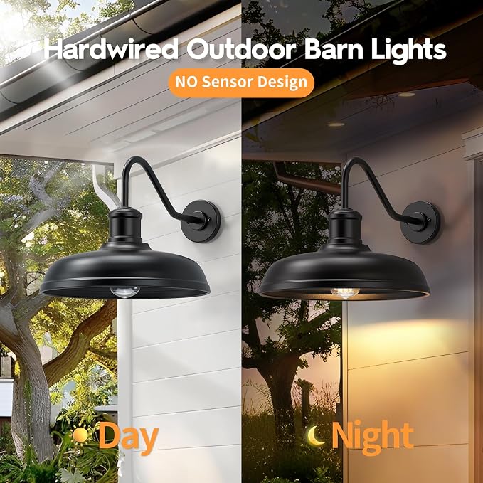 16'' Dome Large Gooseneck Barn Light Outdoor, Farmhouse Light, 2 Packs | Exterior Lighting Fixture, Industrial Outdoor Wall Sconce Outside Lantern for House, Porch, Garage, Black (No Sensor)