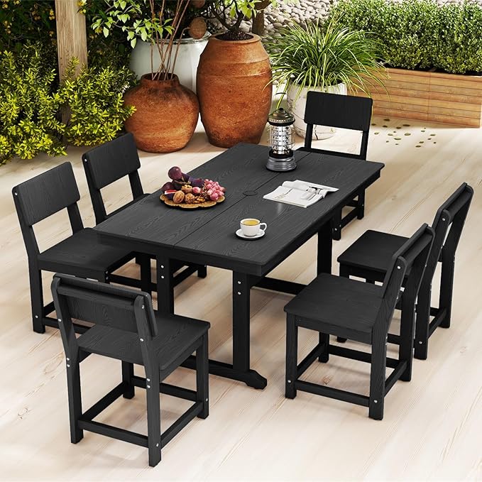 7-Piece HDPE Outdoor Dining Set, Weatherproof Patio Table and Chairs for 6, Outdoor Dining Table Set for Outside Deck Backyard Garden, Black