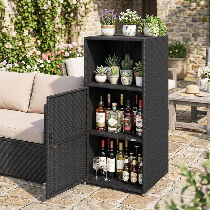 Tangkula Rattan Outdoor Storage Cabinet, Patiojoy PE Wicker Outdoor Cabinet with 3 Storage Shelves, Open Compartment and Door, Patio Storage Deck Box for Porch, Poolside, Backyard