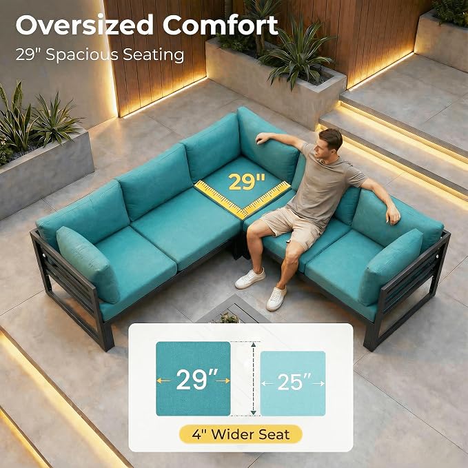 NICESOUL 10 Piece Oversized Modular Aluminum Outdoor Furniture Set, 29" Deep and Wide Sectional Seating, 500 lbs High Weight Capacity Water Resistant Patio Conversation Set for Garden Deck, Turquoise