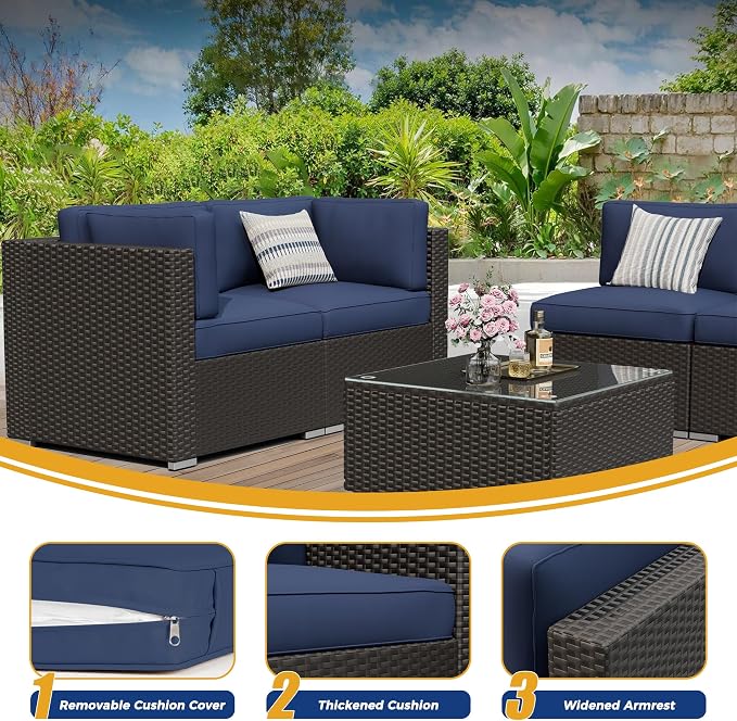 Incbruce Outdoor Patio Furniture Set 7-Piece All-Weather Sectional Sofa Outside Couch, Manual Weaving Wicker Rattan Conversation Set with Glass Top Table and Removable Cushions(Dark Blue)