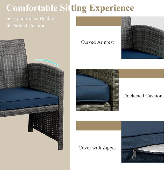 JAMFLY 4 Piece Outdoor Patio Furniture Set, Outdoor Wicker Rattan Chairs Conversation Sets with Cushions & Coffee Table for Outside, Garden, Balcony, Porch, Dark Blue