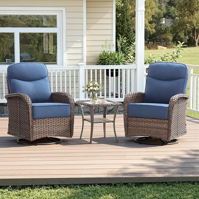 Luxury Wicker Patio Furniture Set with 6-Inch Thick Cushions, 3 Pieces Outdoor Swivel Rocker Patio Chairs Set of 2 with Rattan Side Table, Outdoor Patio Conversation Sets for Garden Deck, Blue