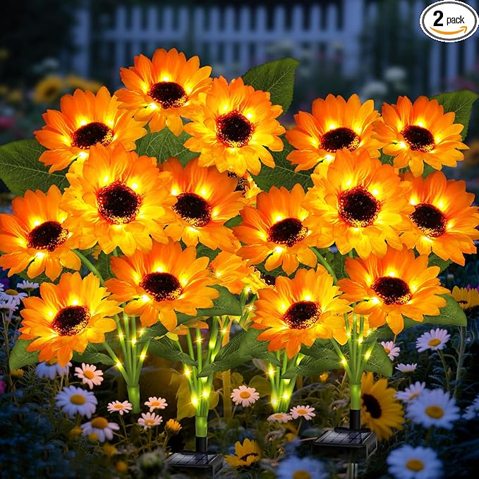 Solar Garden Lights 2 Pack 12 Solar Sunflower Lights, Gifts for Mom Women Grandma Mothers Day Birthday, Waterproof Solar Flower Light for Outdoor Decoration, Decorative Stakes for Yard,Landscape,Patio