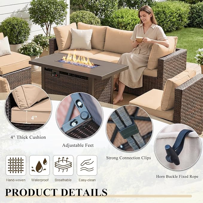 Patio Furniture Set with Fire Pit Table 5 Piece All Weather PE Rattan Outdoor Sectional Sofa Couch with 4 x arm Sofa, No-Slip Cushions for Garden, Poolside, Backyard (Beige)