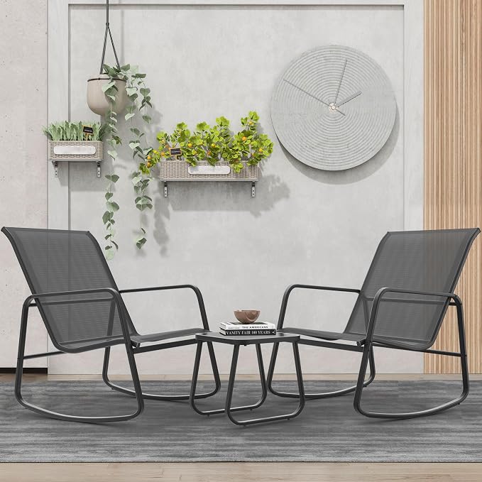 Ainfox Patio Furniture Set 3 Pieces, All Weather Textile Outdoor Conversation Set, with Rocking Bistro Chairs and Glass Coffee Table for Backyard, Lawn, Garden, Home Black