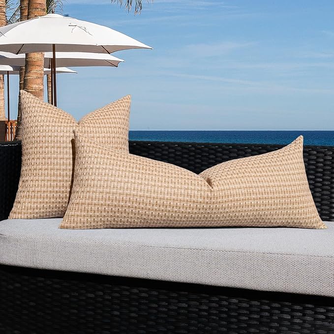Kevin Textile Outdoor Waterproof 14"x36" Pillow Cover 1 Pack, Light Brown | Water Resistant Weaving Faux Linen Texture Throw Pillow Covers, Outside Decorative Pillowcases for Garden Patio Balcony Couch