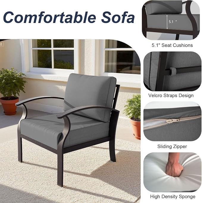 ALAULM Aluminum Patio Furniture Set with Coffee Table Rectangular, 6-seat Outdoor Sectional Furniture w/Swivel Chairs and 2 Ottomans, Patio Conversation Set for Porch, Backyard, Poolside-Grey