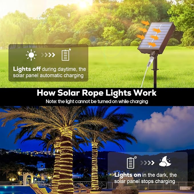 Solar Rope Lights, 66FT 200LED Outdoor Christmas Fairy Light (Warm White) | Type C & Solar, With Remote, Waterproof, Timing, 8 Modes, for for Garden Patio Porch Pool, Warm Christmas Decoration