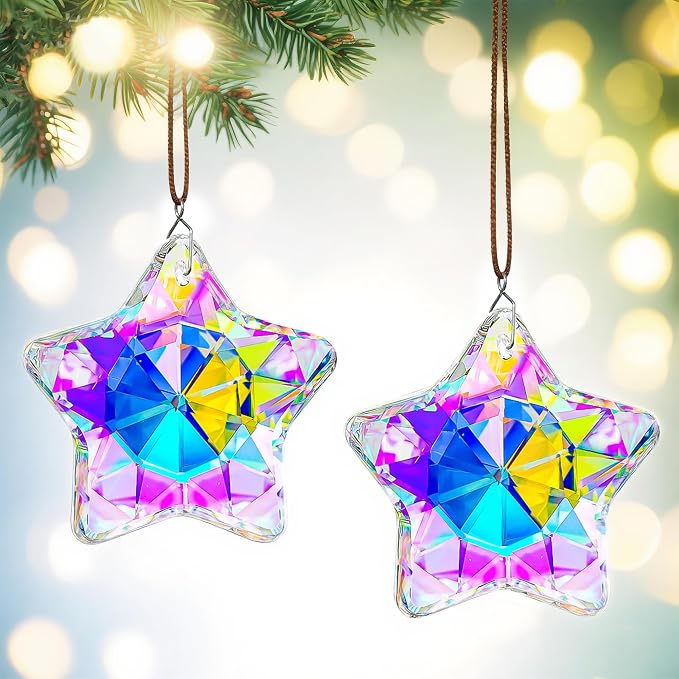 2 Pcs 2 Inch AB Crystal Star Prism Suncatcher Window Hanging Decor | Handmade AB Coating Crystal Star Prism Suncatcher Rainbow Pendants Set of 2 for Window Garden Home Office Christmas Decor
