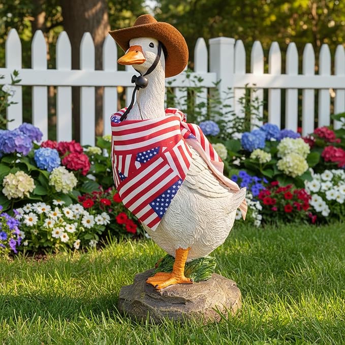 12" Real Farm Porch Goose Statue, Resin Yard Duck, Whimsical Outdoor Decor, Perfect for Garden, Patio, Backyard - Durable & Weather-Resistant, Accessorize with Cowboy Hat and Funny Scarf