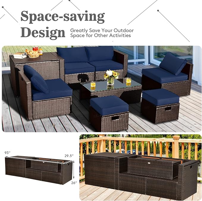 COSTWAY 8-Piece Outdoor Patio Furniture Set, Rattan Sectional Sofa, Armless Chairs, Side Table with Storage Ottoman & Glass Coffee Table, Space-Saving Conversation Set for Garden Deck (Navy)