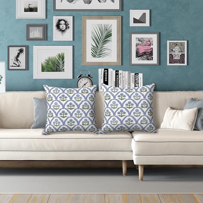 Spring Pillow Cover 20x20 Inch Set of 2, Blue Floral Block Print Outdoor Waterproof Cushion Covers, Spring Home Decor Vintage Throw Pillows for Patio Furniture