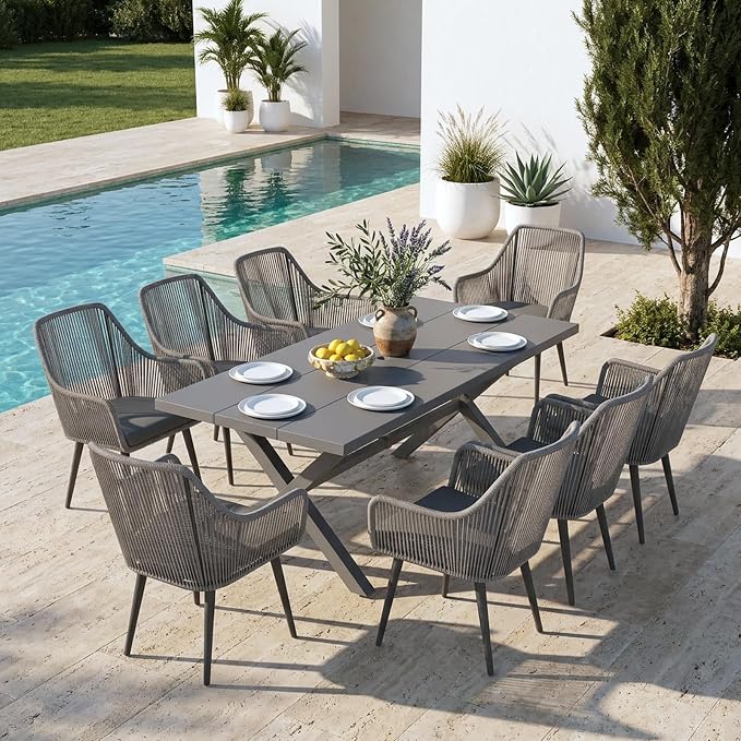 Patiorama 9-Piece Outdoor Patio Dining Set, Patio Dining Table Chair Set for 8, Patio Wicker Dining Furniture Set with 76'' Aluminum Rectangular Dining Table & Twisted Rattan Chairs for Garden, Grey