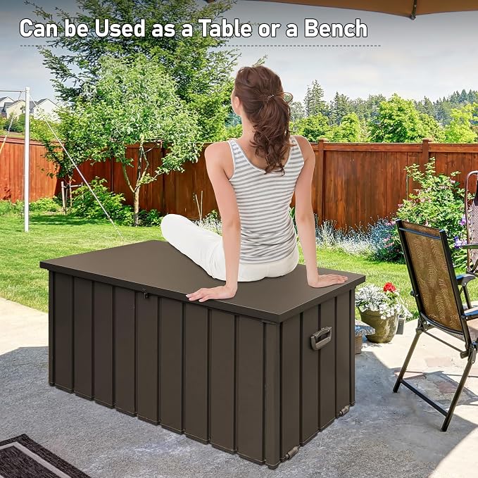 Domi Deck Box 120 Gallon Outdoor Storage Box, Lockable Storage Cabinet Deck Box Outdoor Waterproof, Large Metal Storage Bin for Patio Furniture Cushions Garden Tools Pool-Supplies, Brown