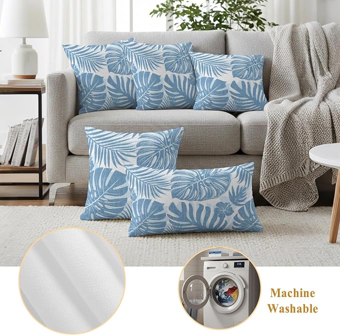 Coastal Blue Palm Leaves Outdoor Pillow Covers 20"x20" Set of 2, Tropical Botanical Minimalist Modern Waterproof Throw Pillow Covers for Patio Furniture, Decorative Cushion Covers for Porch
