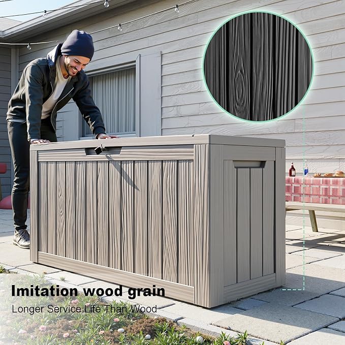 85 Gallon Outdoor Storage Box Waterproof, Resin Deck Box with Lockable Lid, Weatherproof Container for Patio Furniture Cushions, Garden Tools, Pool Accessories (Grey, 85 Gallon)