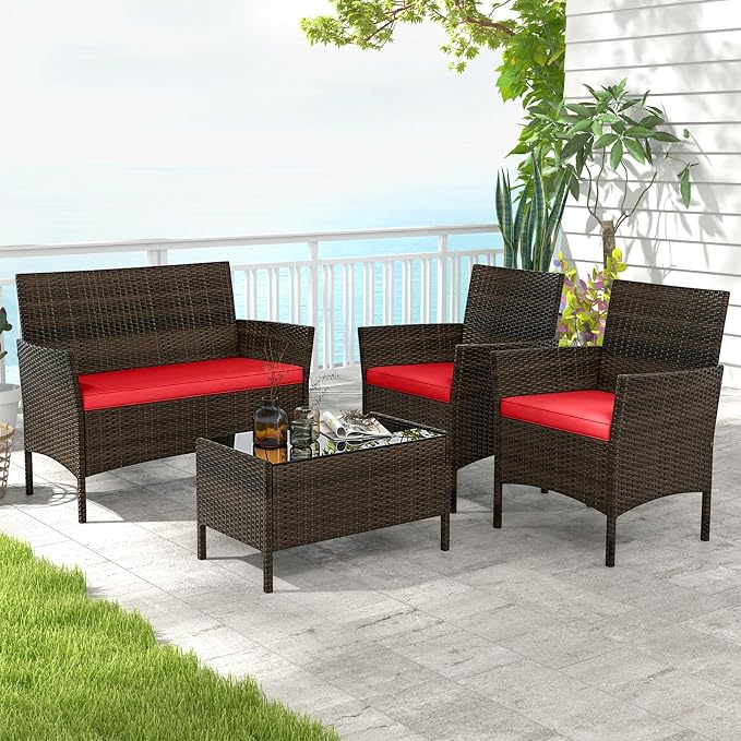 HAPPYGRILL 4PCS Patio Furniture Set Outdoor Rattan Wicker Conversation Set with Cushioned Sofa and Coffee Table for Porch Backyard Garden Poolside