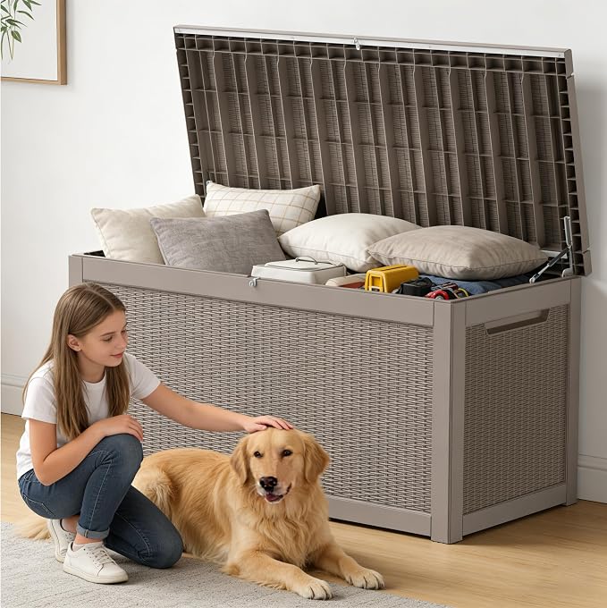 320 Gallon Outdoor Storage Box Resin Deck Box All Weather Waterproof Large Lockable Storage Container Deck Box for Patio Furniture, Garden Tools, Lockable, Gray
