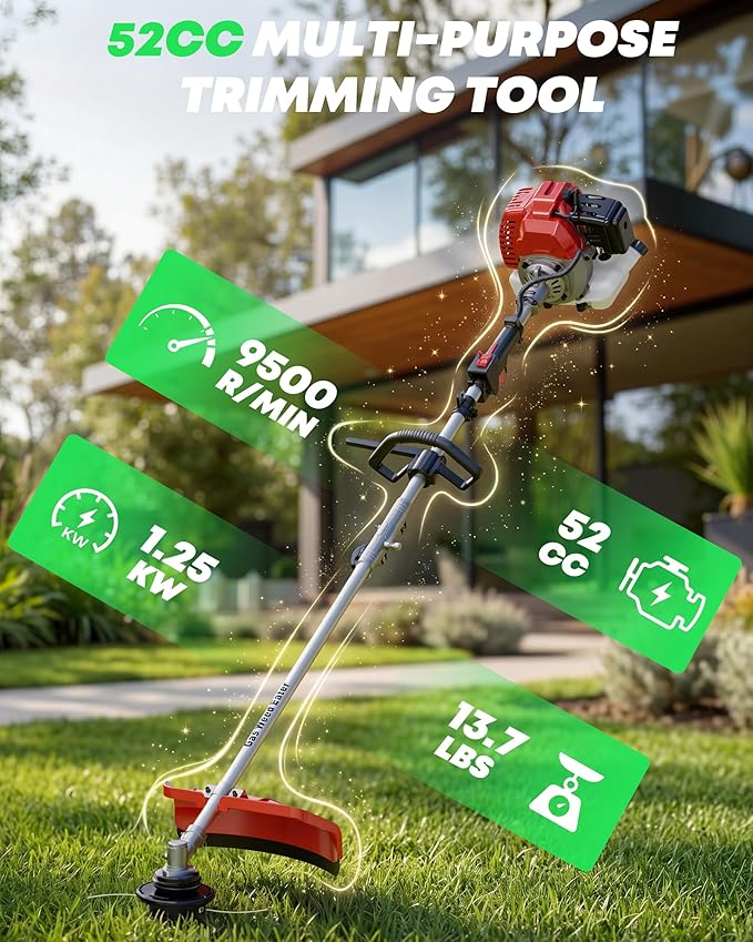 5-in-1 Gas Powered Weed Wacker - 52cc 2-Cycle String Trimmer, Brush Cutter, Pole Saw & Hedge Trimmer Multi-Tool with Extension Pole - Heavy Duty Gas Weed Eater for Professional Yard Care(G455)