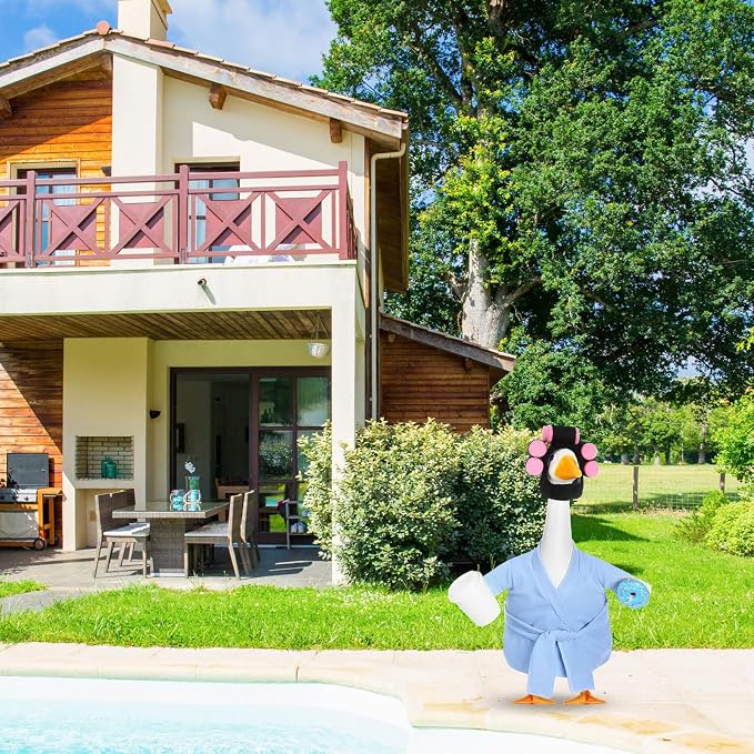 Shyyween Lady Porch Goose Outfits 23 Inch Light Blue Bathrobe Porch Goose Outfit with Curlers Coffee Cup Lawn Geese Clothes for Cement Plastic Statue