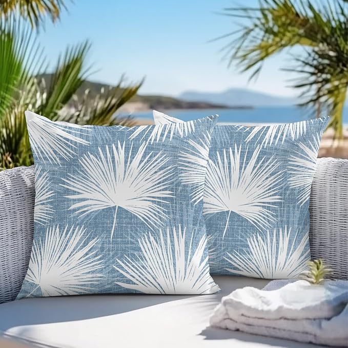 Throw Pillow Covers 26x26 Inch Set of 2, Hazy Blue Palm Leaves Coastal Waterproof Outdoor Pillow Covers, Summer Tropical Botanical Decorative Cushion Pillowcases for Couch, Sofa, Bed, Garden, Patio