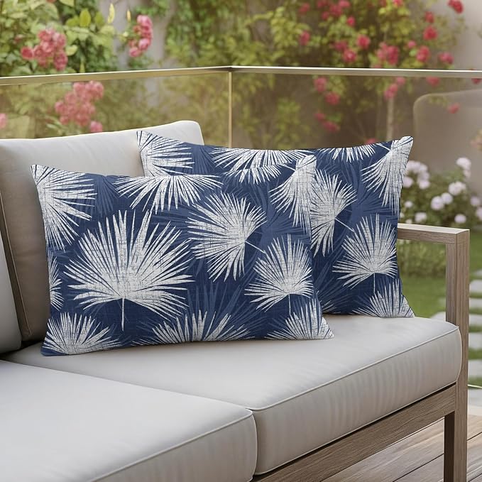 Lumbar Pillow Covers 20x12 Inch Set of 2, Navy Blue Palm Leaves Coastal Waterproof Outdoor Pillow Covers, Summer Tropical Botanical Decorative Cushion Pillowcases for Couch, Sofa, Bed, Garden, Patio