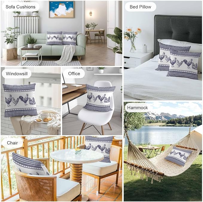 Navy Blue Rooster Outdoor Pillow Covers 24x24 Inch Throw Pillow Covers Set of 2 Waterproof Decorative Pillow Cases Vintage Farmhouse Blue Plaid Cushion Covers for Patio Furniture Garden Couch Sofa