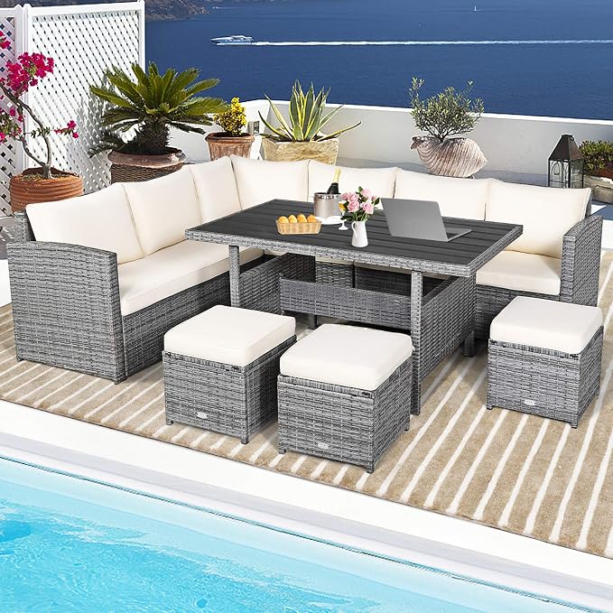 HAPPYGRILL 7 Pieces Rattan Wicker Patio Conversation Set, Outdoor Patio Furniture Set with Cushions, Rattan Sofa Set with Dining Table & Ottomans for Poolside Backyard Balcony Garden (Beige)