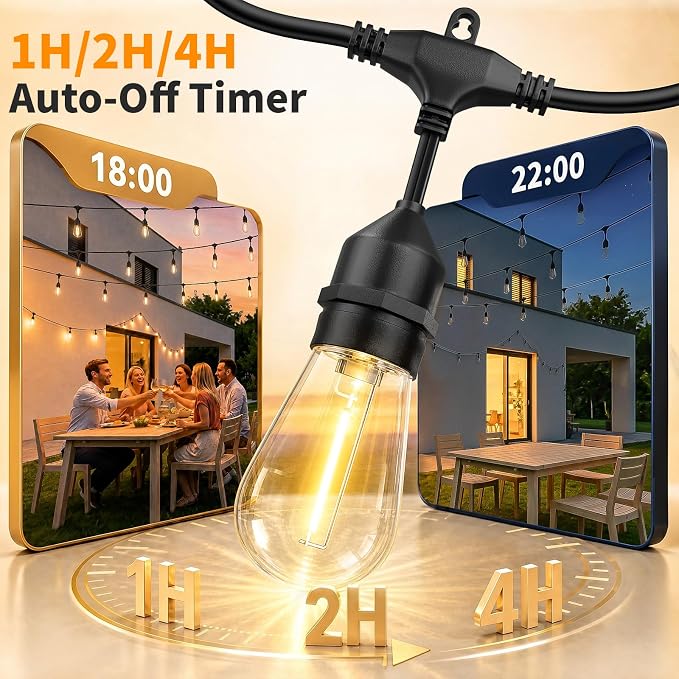 Hotsonic Remote Control Outdoor String Lights Waterproof, 50 FT LED Outside Lights with Shatterproof Bulbs, Dimmable Hanging S14 Lights 3 Modes for Patio Porch Garden pergola Yard Party House Decors