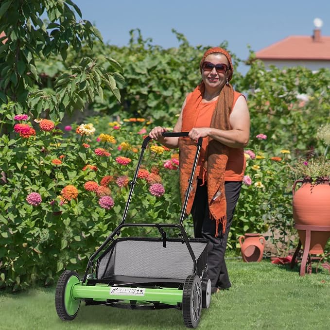 Reel Mower Cylinder Lawnmower Push Reel Lawn Mower with Grass Catcher Universal Manual Lawn Mower w/Grass Catcher Adjustable Cutting Height Detachable Design Push Lawn Mower Green