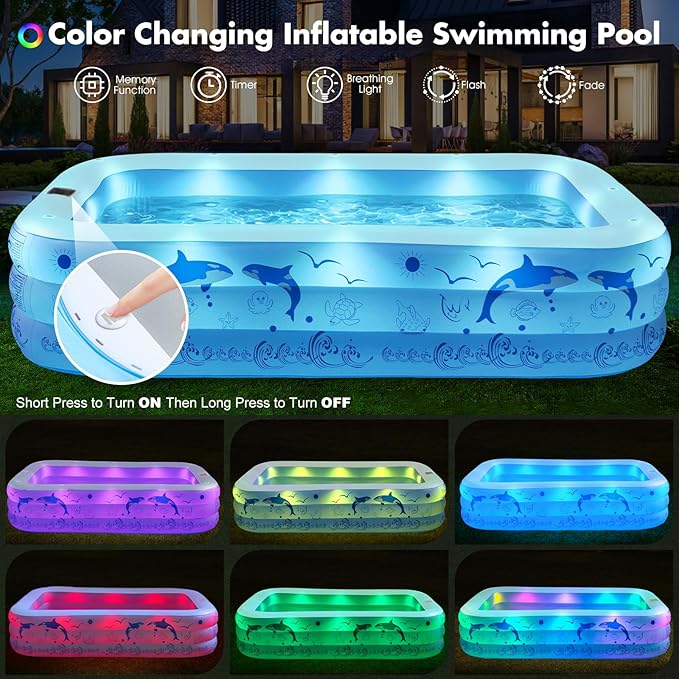 2026 Upgrade Inflatable Pools with Lights, Family Inflatable Swimming Pools for Adults, Blow Up Pool Solar, Large Pool, Durable Thickened Inflatable Family Pool for Backyard-White
