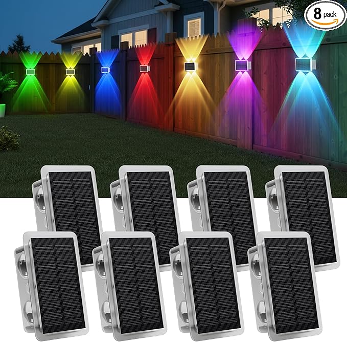 AUDLES Solar Fence Lights Outdoor, New Up Down Lighting Fence Lights Solar Powered with 8 Modes Warm White/RGB, IP65 Waterproof Solar Wall Light for Backyard Wall Pathway Deck Patio Decor - 8 Pack