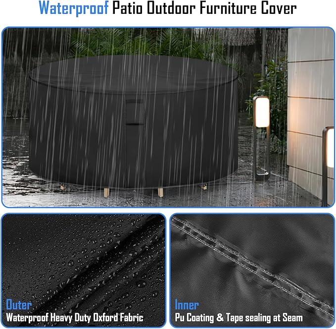 Round Patio Furniture Covers Waterproof, 96 Inch High Outdoor Round Table Cover, Tall Bar Height Outside Table and Chairs Set Covers for Winter, Rainproof Fadeproof - 96" Dia x 44" H