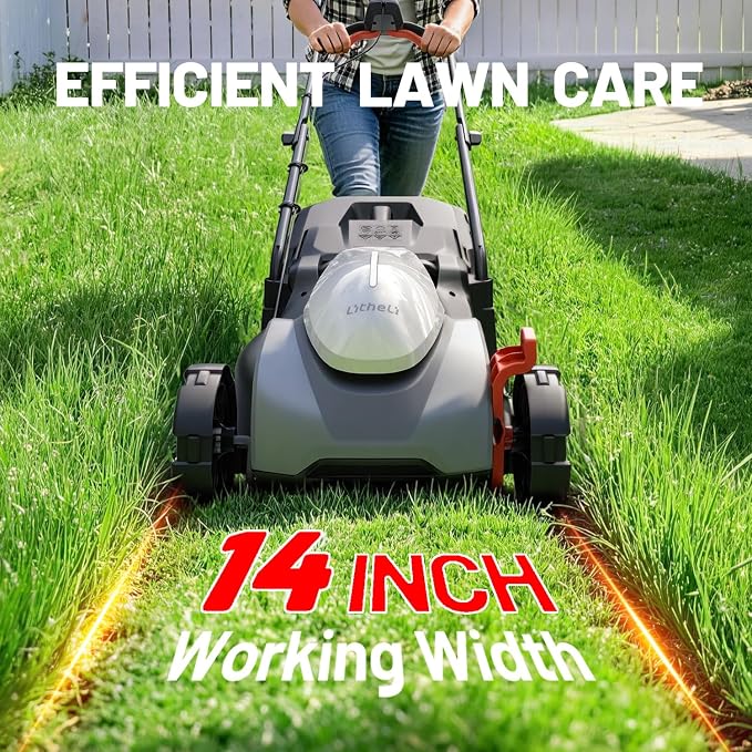 Litheli Lawn Mower Cordless 14 in, Grass Cutter Machine for 2800 Sq. Ft, Lawnmower with Brushless Motor, Included 1 * 5.0 Ah Battery and Charger