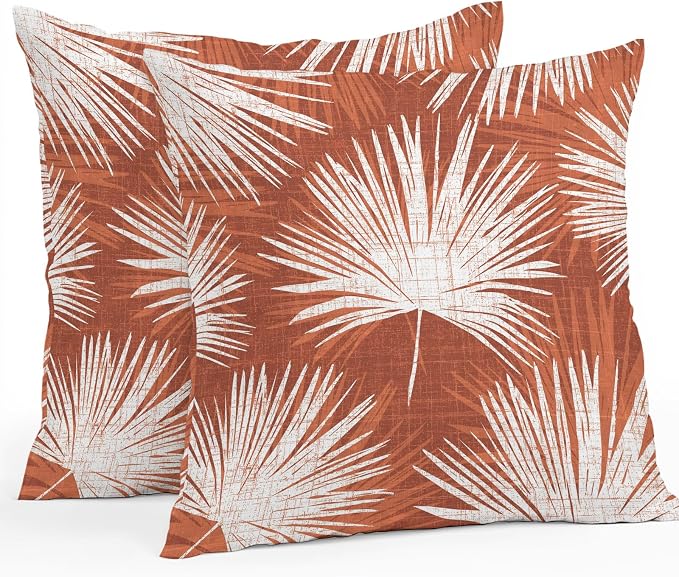 Throw Pillow Covers 18x18 Inch Set of 2, Burnt Orange Palm Leaves Waterproof Outdoor Pillow Covers, Summer Tropical Botanical Decorative Cushion Pillowcases for Couch, Sofa, Bed, Garden, Patio