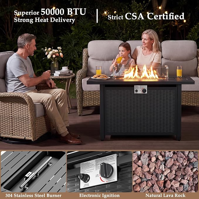 Luxury Patio Furniture Set with 42.5" Fire Pit Table, 6 Pieces High Back All Weather Wicker Outdoor Furniture w/ 6-Inch Thick Cushions, Patio Swivel Chairs Couch for Deck Balcony Backyard Yellow/Beige