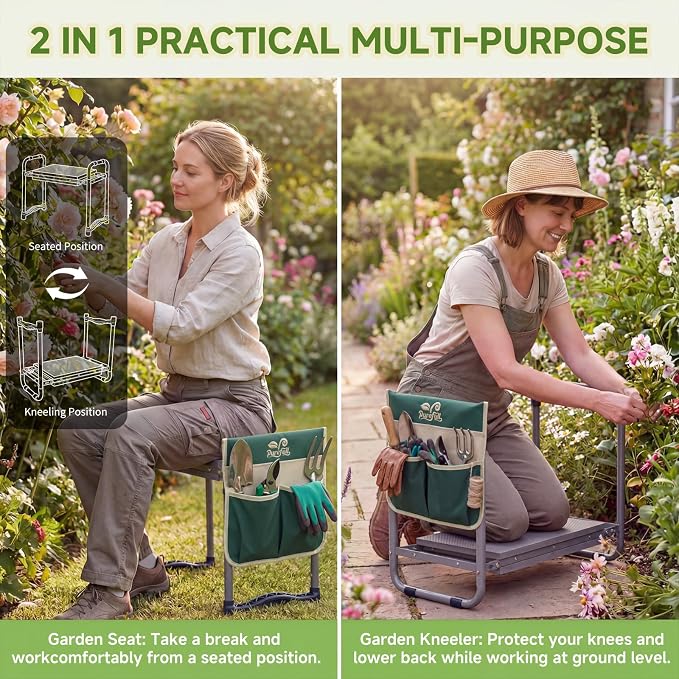2-in-1 Heavy Duty Foldable Garden Kneeler And Stool With EVA Pad, Green | Wider Thicker Soft Foam Cushioning Includes Exclusive Storage Tool Bag Plus Color Gift Box Ideal Present For Seniors