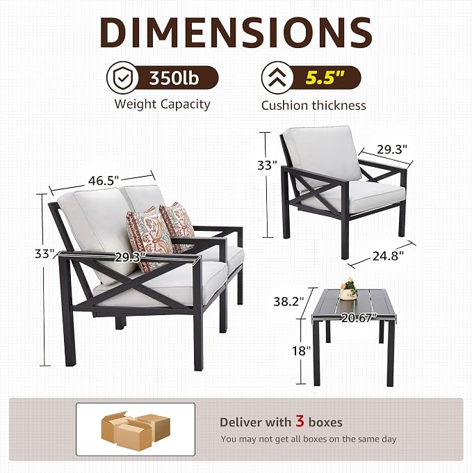 NATURAL EXPRESSIONS Outdoor Patio Furniture 4 Pieces Set, Modern Patio Conversation Sets, Outdoor Sectional Metal Sofa with 5.5 Inch Cushion and Coffee Table for Balcony, Garden